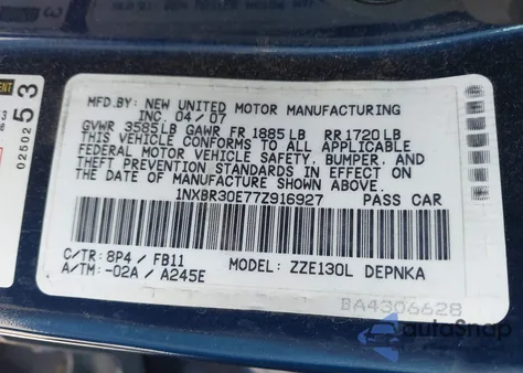 2007 Toyota Corolla Le z USA, uszkodzony, nr VIN 1NXBR30E77Z916927